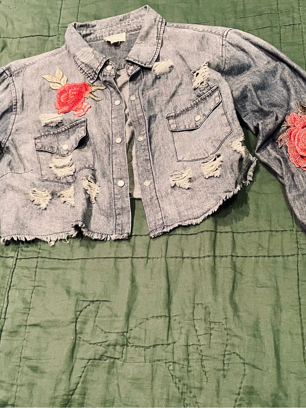 emory park Cropped Distressed Denim Jacket with Red Rose Embroidery